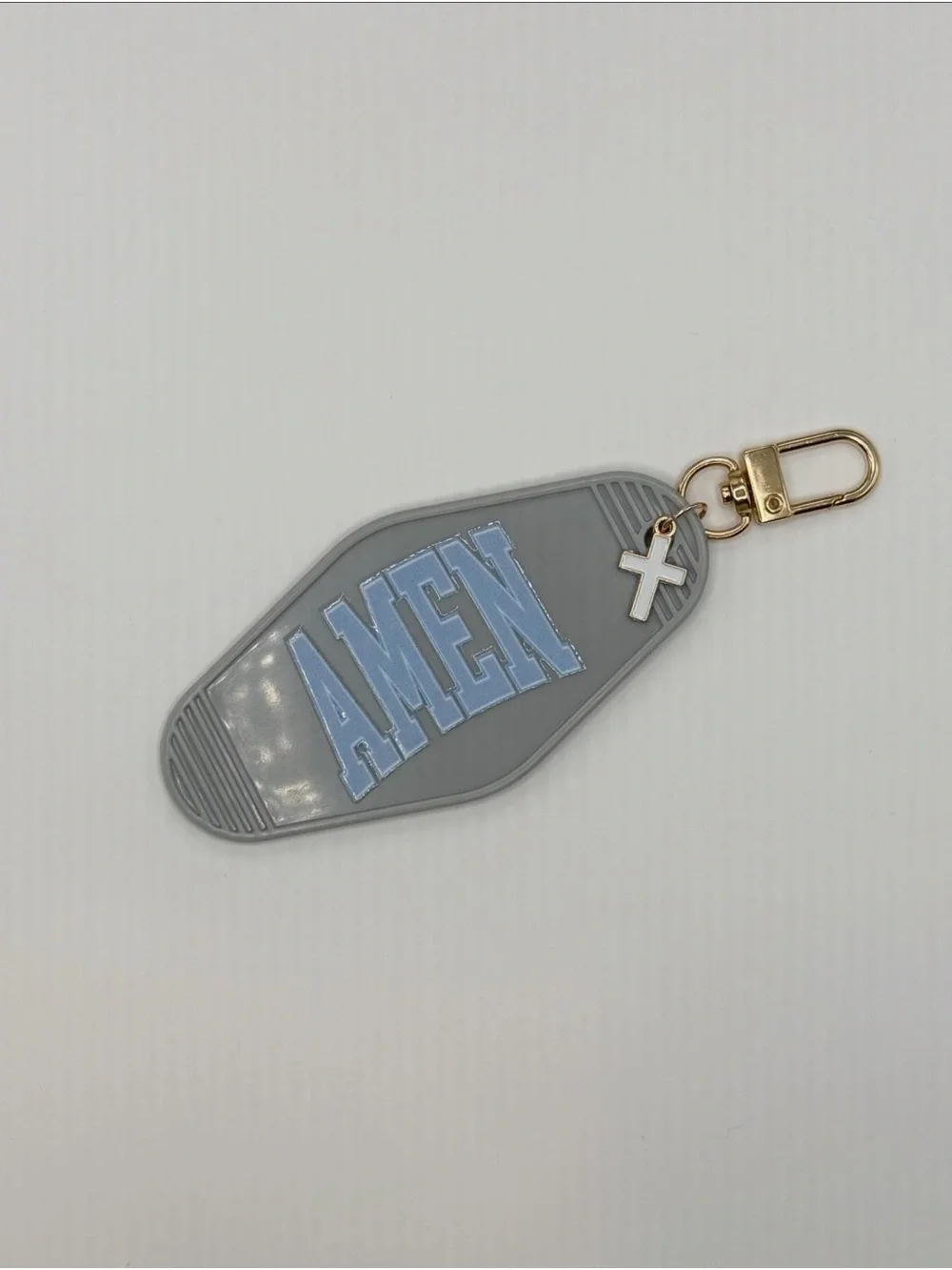 Amen Keychain Tag in Gray with Light Blue Lettering